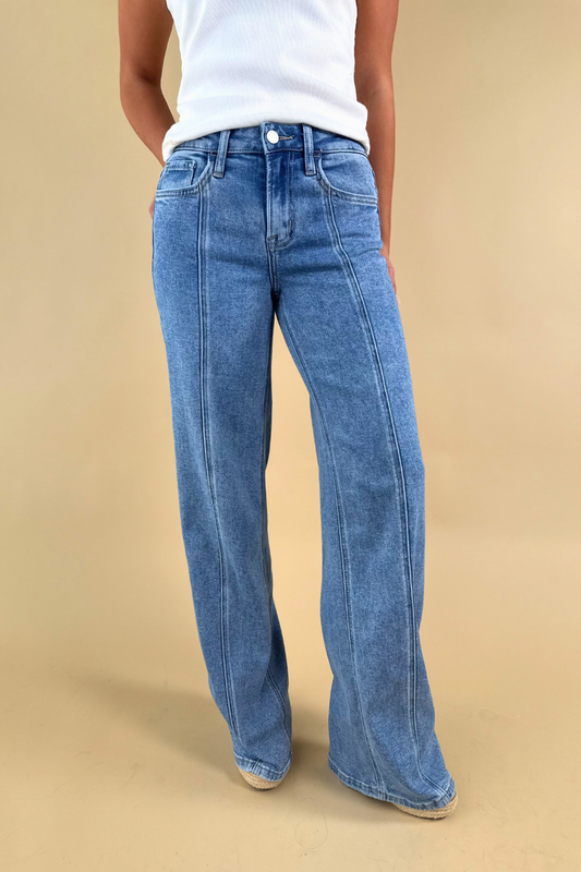 Clean Slate Vertical Seam Detail Wide Leg Jeans