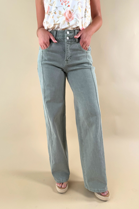 Olive Obsession Wide Leg Seam Detail Jeans in Faded Olive