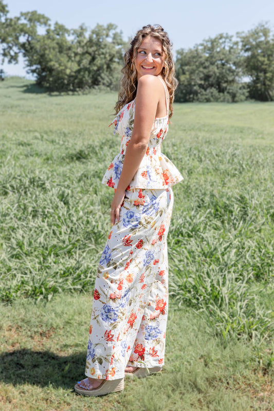 Floral Edge Sleeveless Floral Eyelet Cotton Peplum Top
