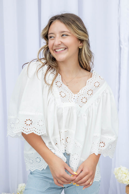 Graceful Luxe Scalloped Eyelet Babydoll Top