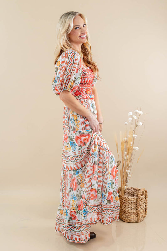 Flirt Alert Puff Sleeve Multi Floral Maxi Dress
