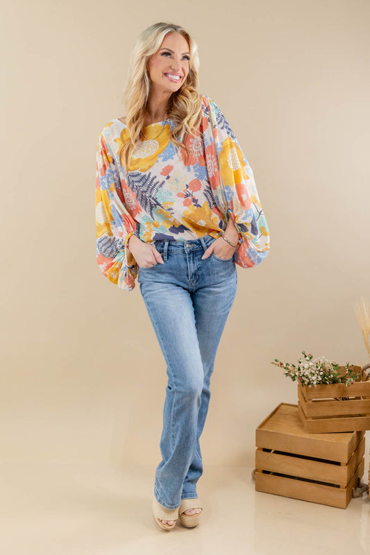 Floral Flashback Retro Floral Balloon Sleeve Blouse