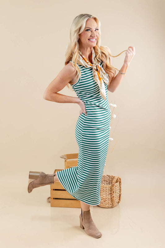 Curve Appeal Horizontal Stripe Sleeveless Fitted Midi Dress