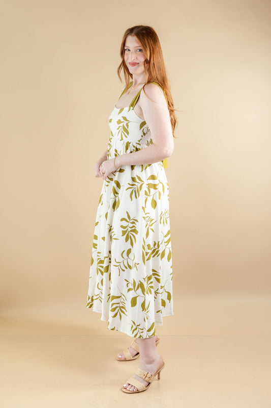 Island Petals Botanical Print A-Line Maxi Dress
