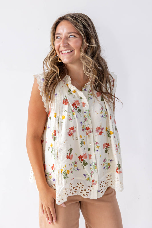 Sweet Retreat Lace Trim Floral Print Sleeveless Top