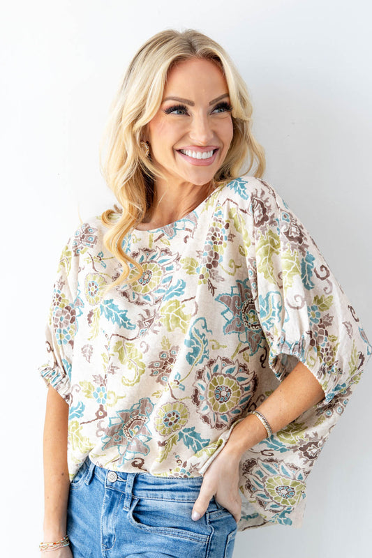 Take Me Away Vintage Floral Boatneck Dolman Sleeve Blouse