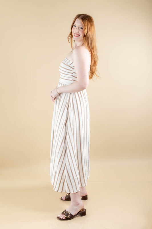 Sandy Stripes Taupe & White Striped Sleeveless Midi Dress