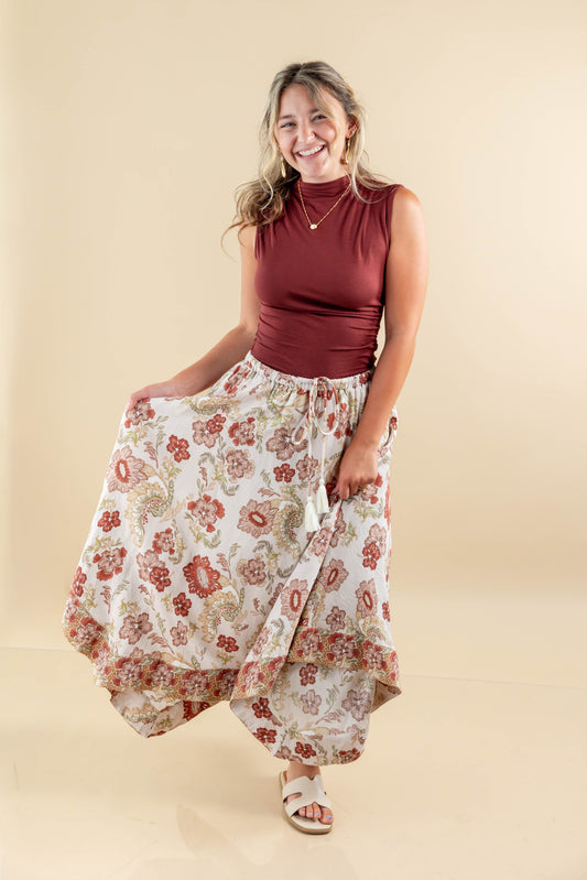Desert Petals Bohemian Floral Print Gathered Midi Skirt