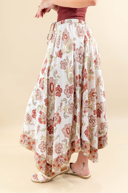 Desert Petals Bohemian Floral Print Gathered Midi Skirt