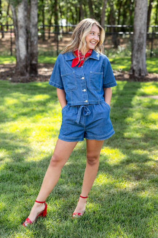 Blue Skies Babe Paperbag Front Tie Denim Shorts