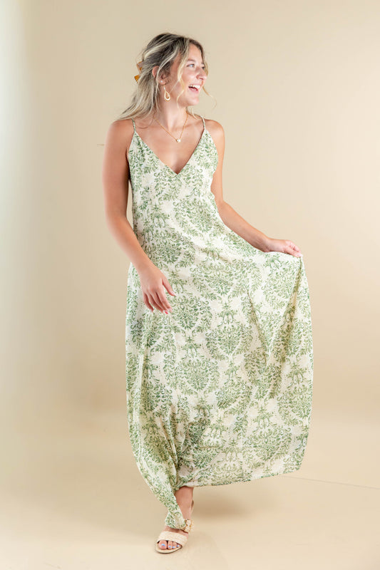 Green Goddess Floral Damask Print Open Back Maxi Dress