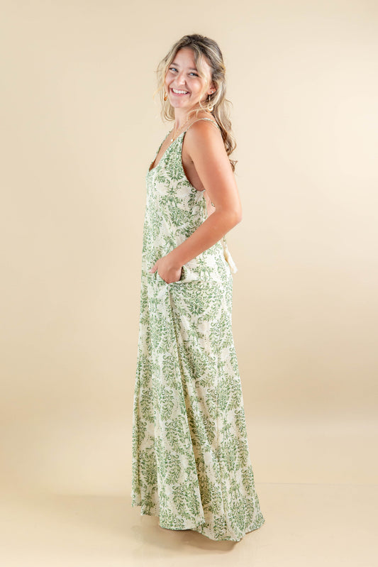 Green Goddess Floral Damask Print Open Back Maxi Dress