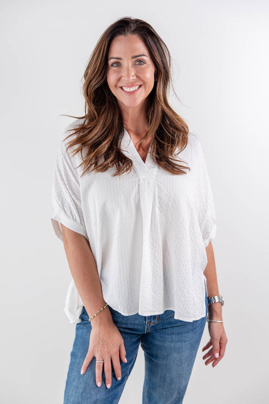 Textured Glam Oversized Cotton Blend V-Neck Blouse