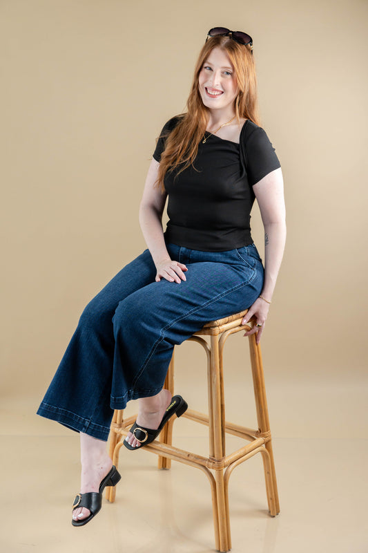 Off Balance Asymmetrical Black Short Sleeve Top