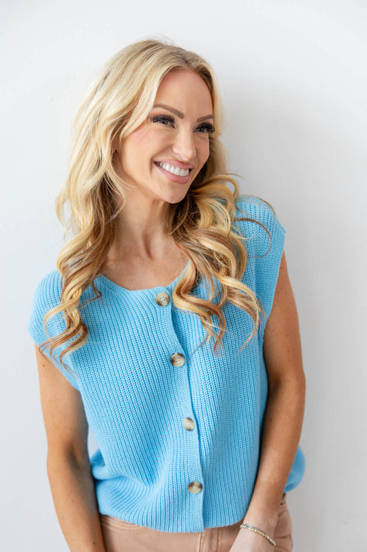 Bare Muse Knit Button Front Sleeveless Cotton Knit Sweater