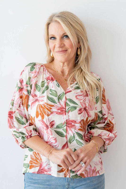 Blooming Beautiful Pink Multi Floral V-Neck Blouse