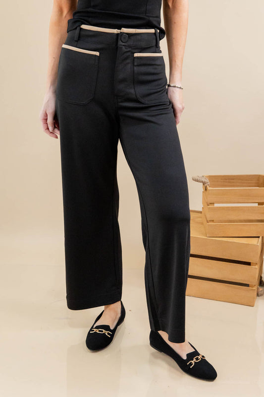 Cool Contrast Black Lined Wide Leg Pants with Tan Trim