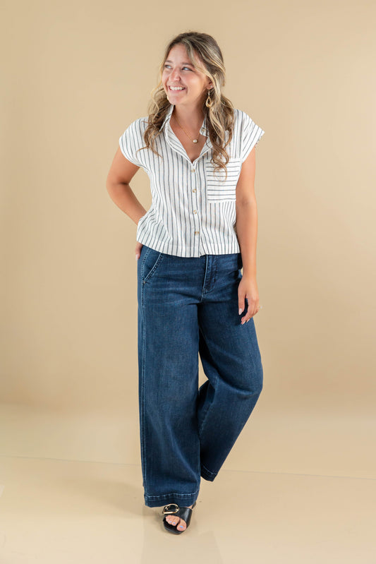 Yacht Day Striped Short Sleeve Button Down Top