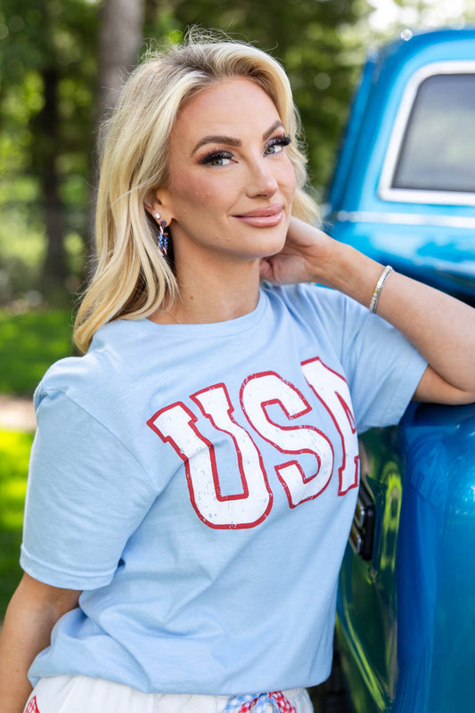 Baby Blue Varsity USA Cotton Graphic T-shirt
