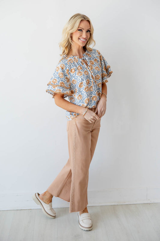 Bluebell Breeze Blue & Tan Floral Flutter Sleeve Top