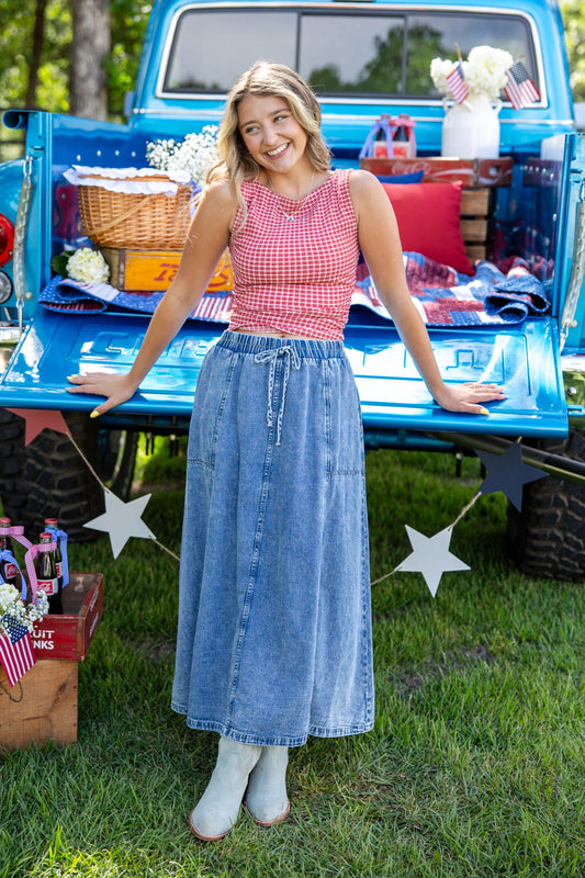 Howdy Honey Vintage Wash A-Line Denim Midi Skirt