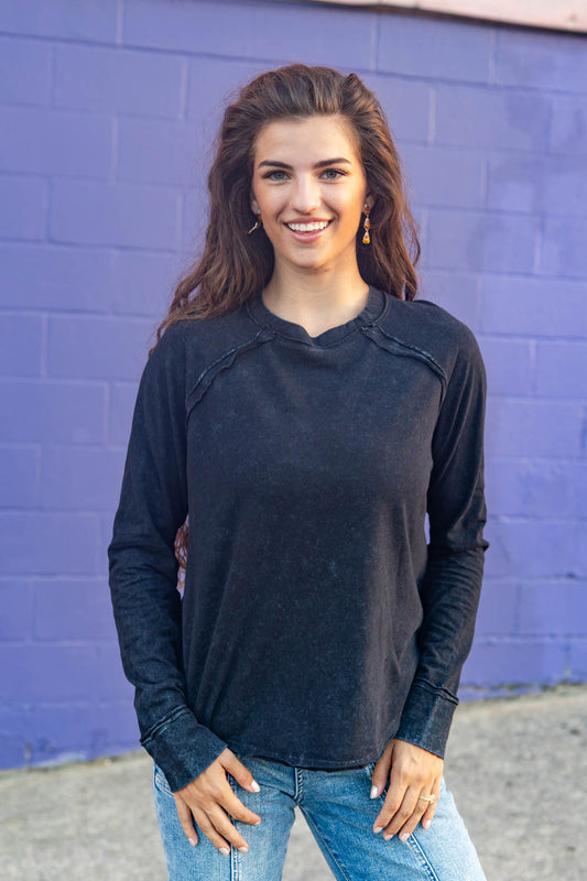 City Stroll Mineral Washed Scoop Neck Long Sleeve Cotton Tee