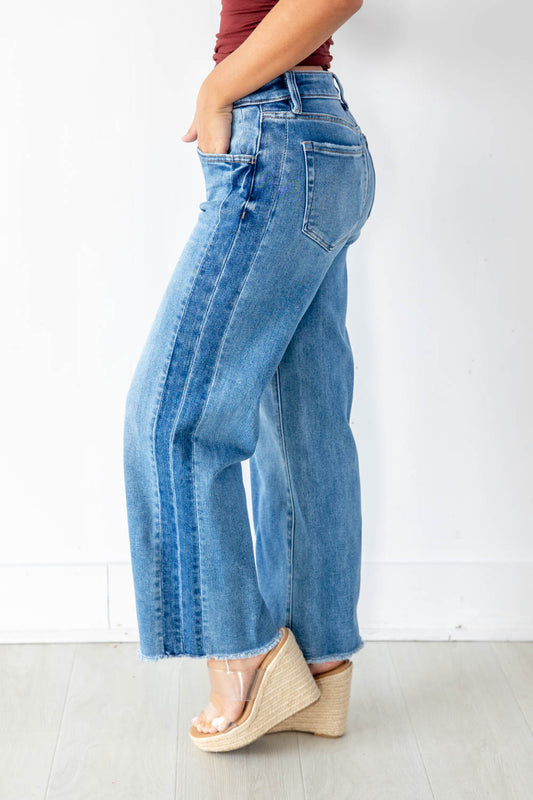 Split Decision Mid Rise Two Tone Contrast Wide Flare Jeans