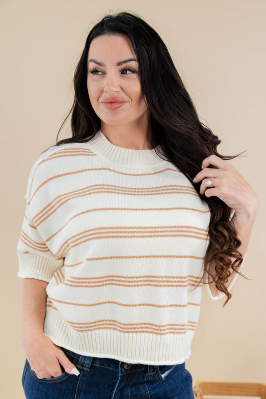 Golden Glow Caramel Striped Short Sleeve Cotton Sweater