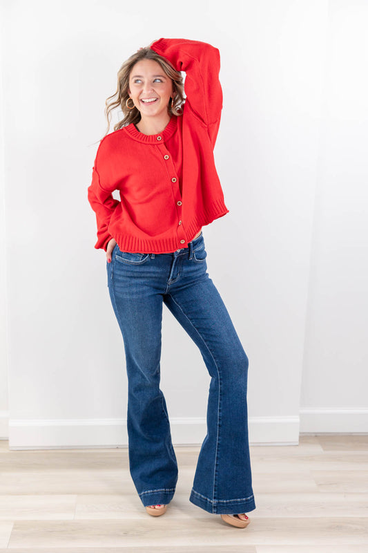 Indigo Icon Mid Rise Dark Wash Trouser Hem Flare Jeans