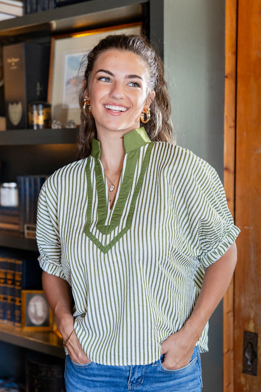 Lovely Moment Split Neck Contrast Striped Dolman Sleeve Top