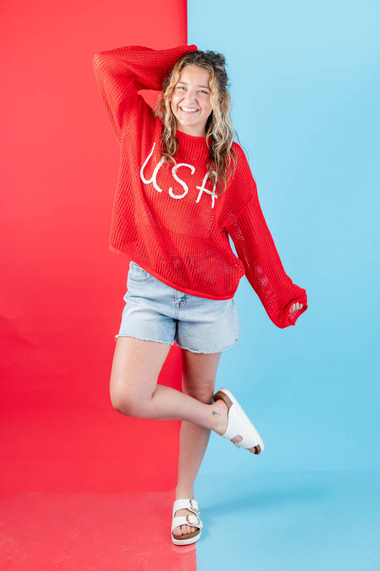 USA Embroidered Long Sleeve Sweater