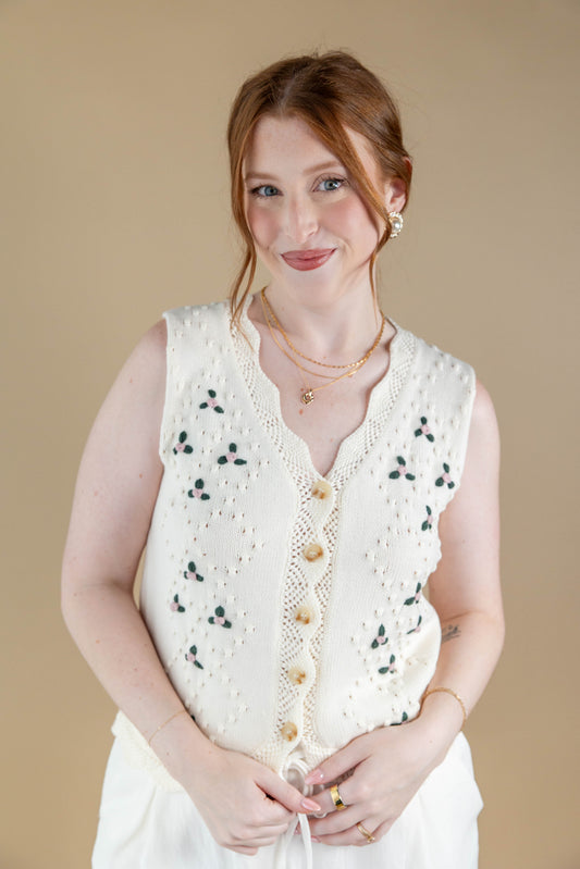 Sassy Stroll Embroidered Floral V-Neck Sleeveless Vest