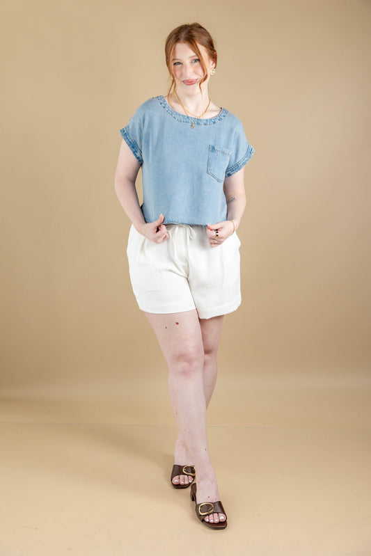 Style Check Short Sleeve Light Wash Denim Top