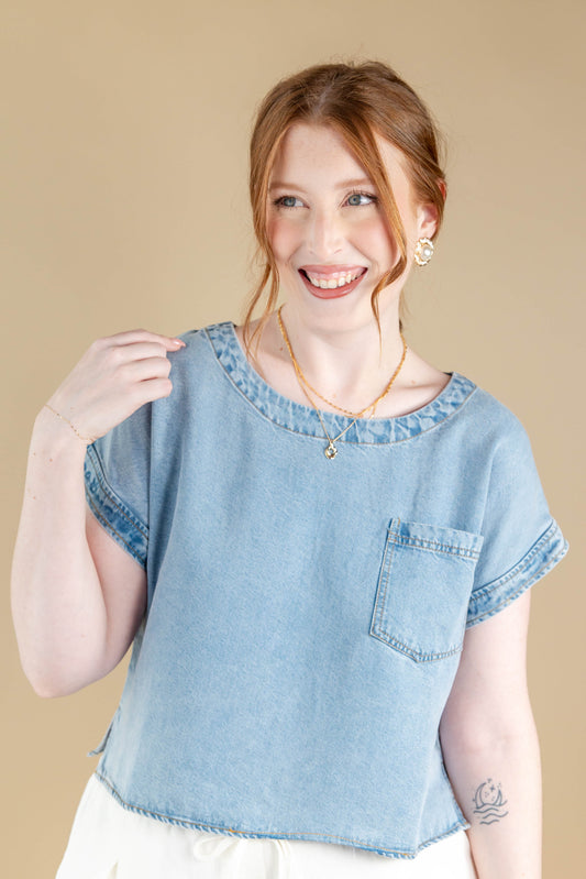 Style Check Short Sleeve Light Wash Denim Top