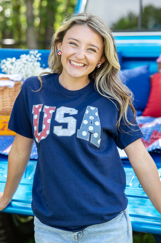 USA Vintage Polka Dot Navy Graphic Tee