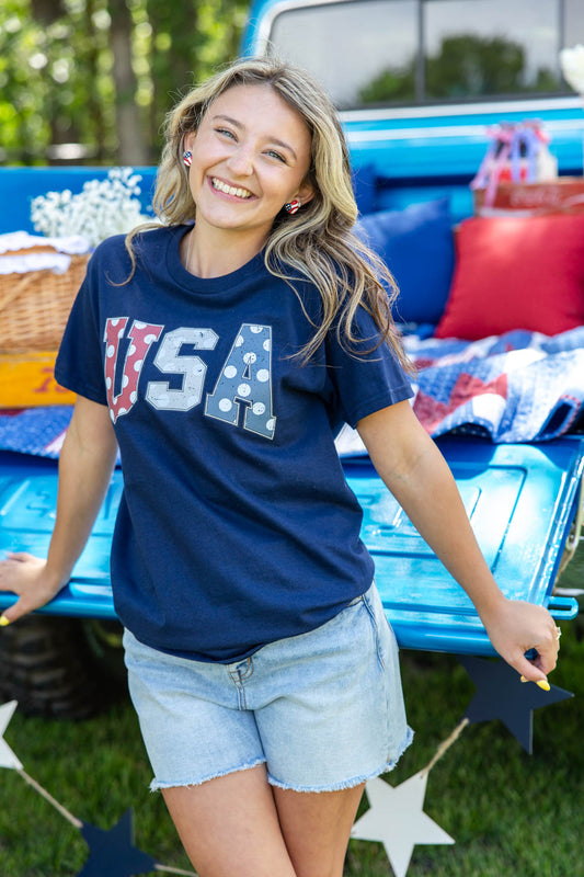USA Vintage Polka Dot Navy Graphic Tee