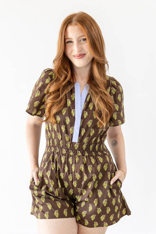 Garden Stroll Contrast Trim Floral Cotton Romper