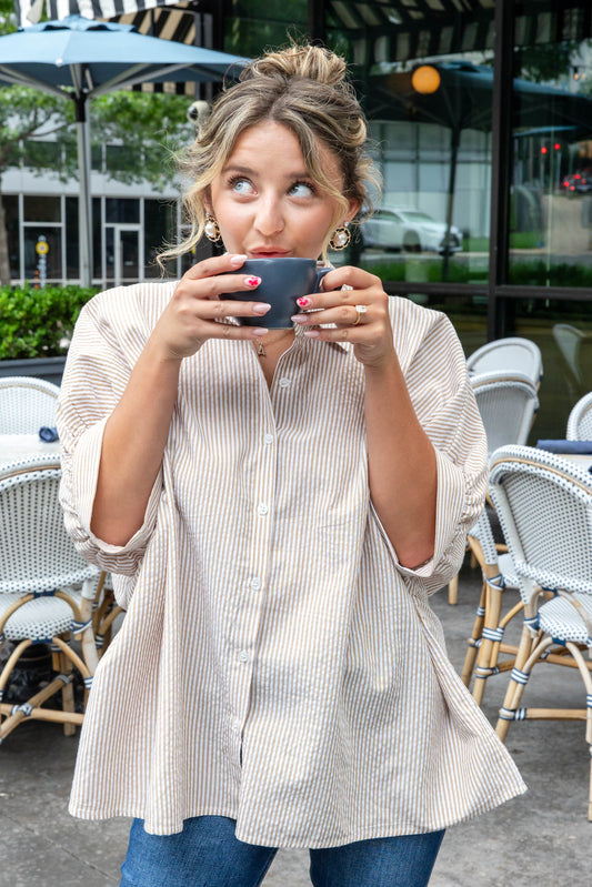 Classic Cutie Oversized Vertical Striped Short Sleeve Button Down Top
