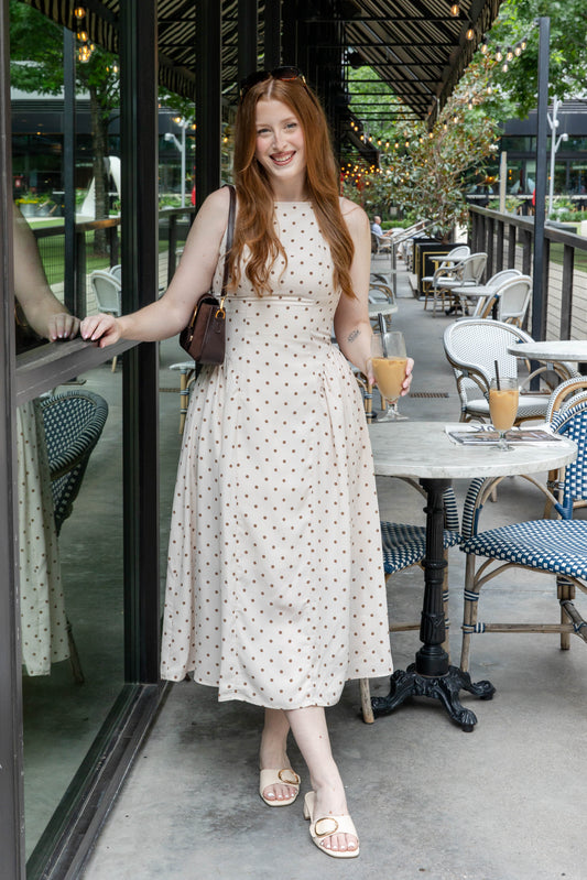 True Beauty A-Line Polka Dot Drop Waist Midi Dress