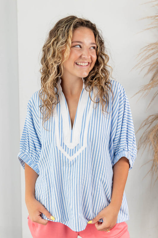 Classy & Sassy Sky Blue Vertical Striped Dolman Top