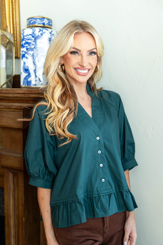 Effortlessly Chic Cotton Button Up Ruffle Peplum Hem Blouse