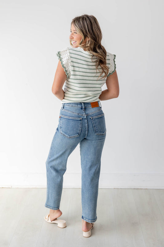 Sweetheart Stripes Flutter Sleeve Striped Knit Top