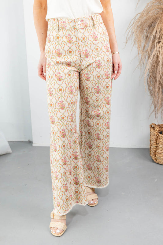 Rosebud Romance Jacquard Rose Garden Print Wide Leg Pants