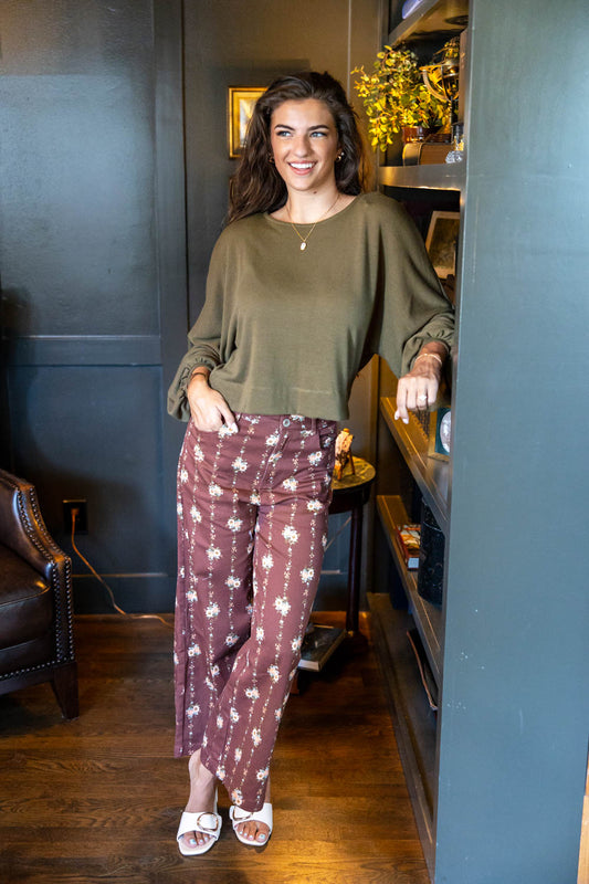 Mocha Meadow Floral Print Wide Leg Cotton Blend Pants