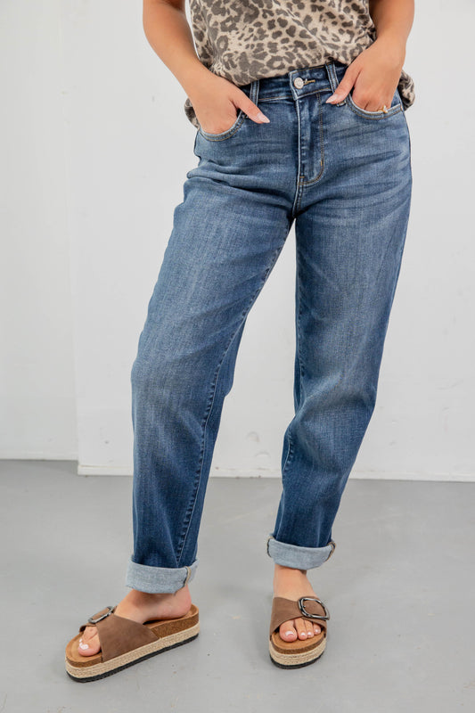 Easy Going Mid Rise Dark Wash Baggy Boyfriend Jeans