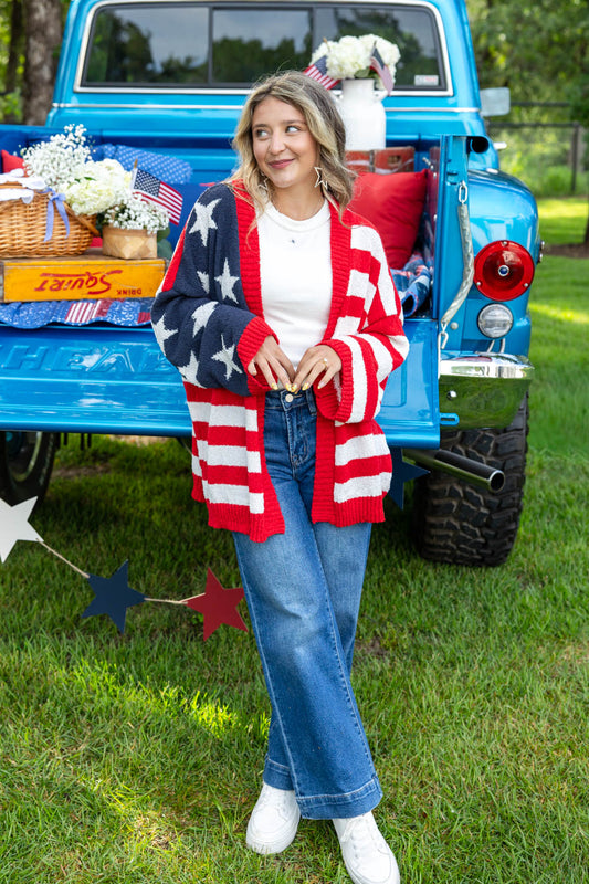 American Dream Open Front Patriotic Knit Cardigan