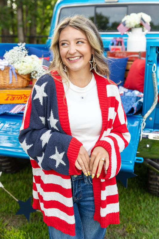 American Dream Open Front Patriotic Knit Cardigan