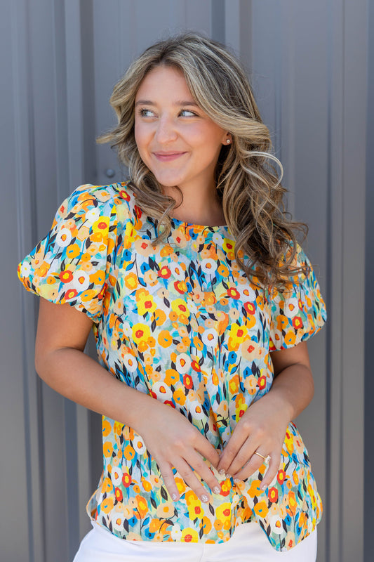 Sunshine Splash Floral Print Short Sleeve Cotton Blouse