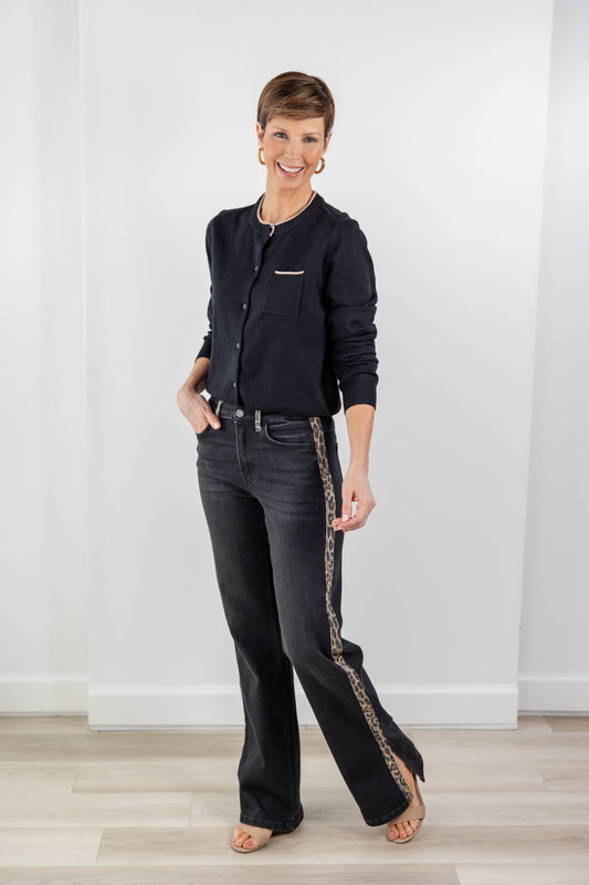 Feline Fine Black Leopard Side Stripe Flare Jeans