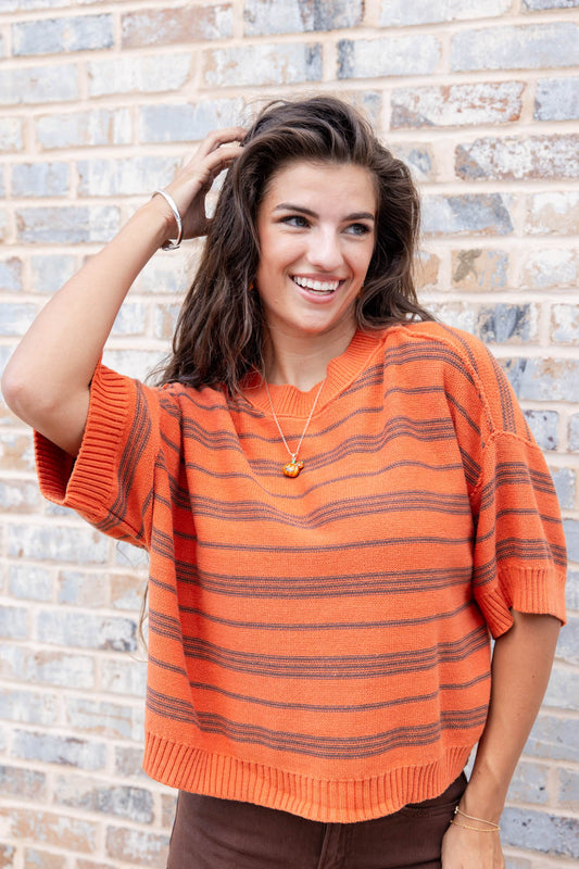 Amber Glow Orange and Brown Striped Cotton Blend Sweater
